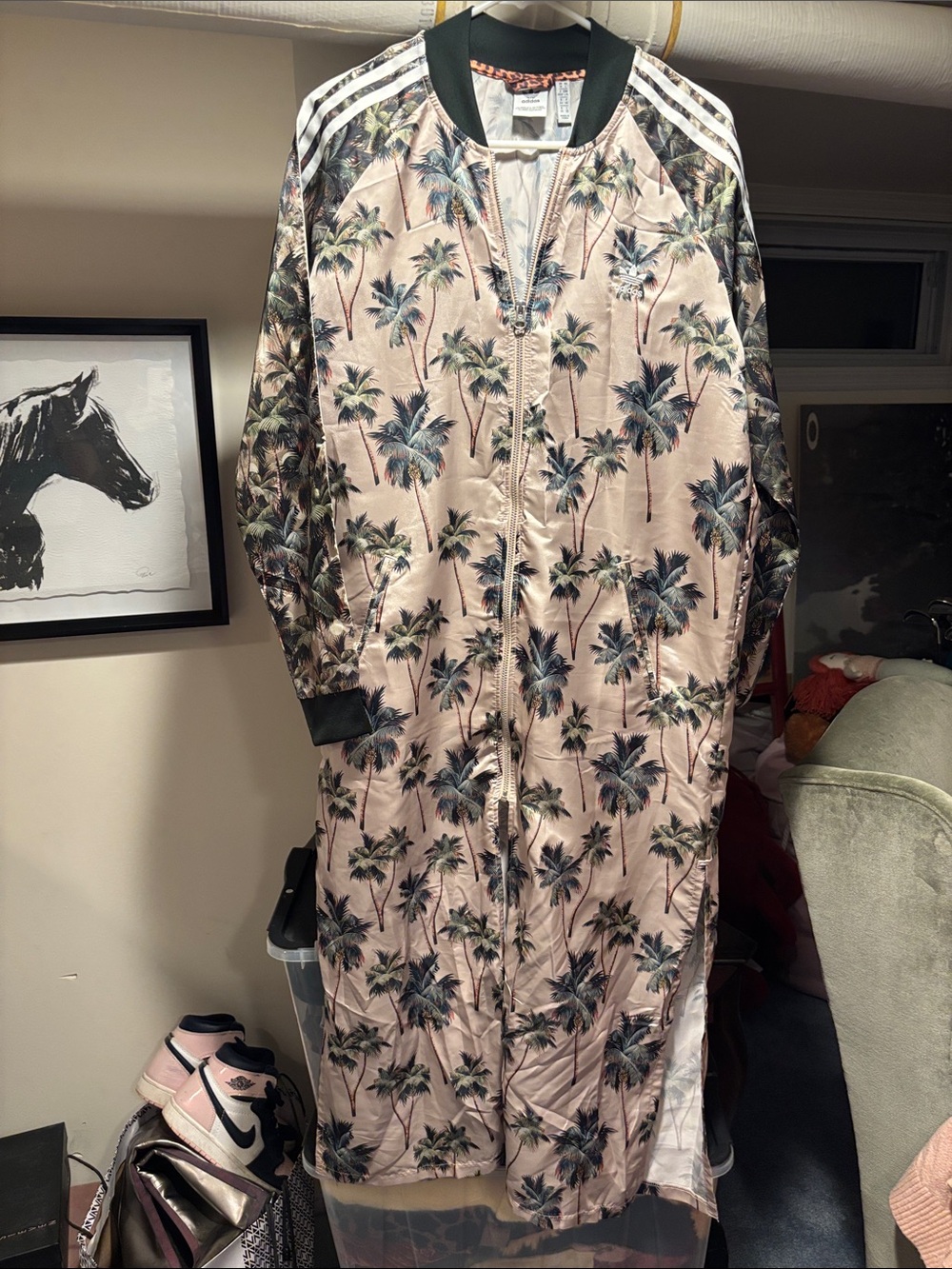 adidas Pink Palm-Print Long Bomber Jacket with Black Trim and Matching Shorts Se
